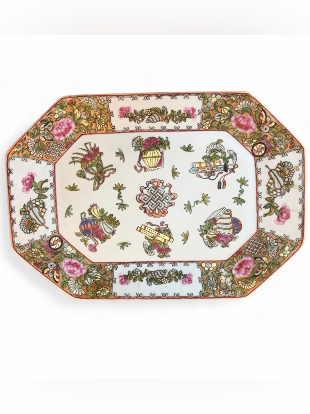 Vintage Chinese Famille Rose Eight Daoist Emblems Octagonal Porcelain Platter